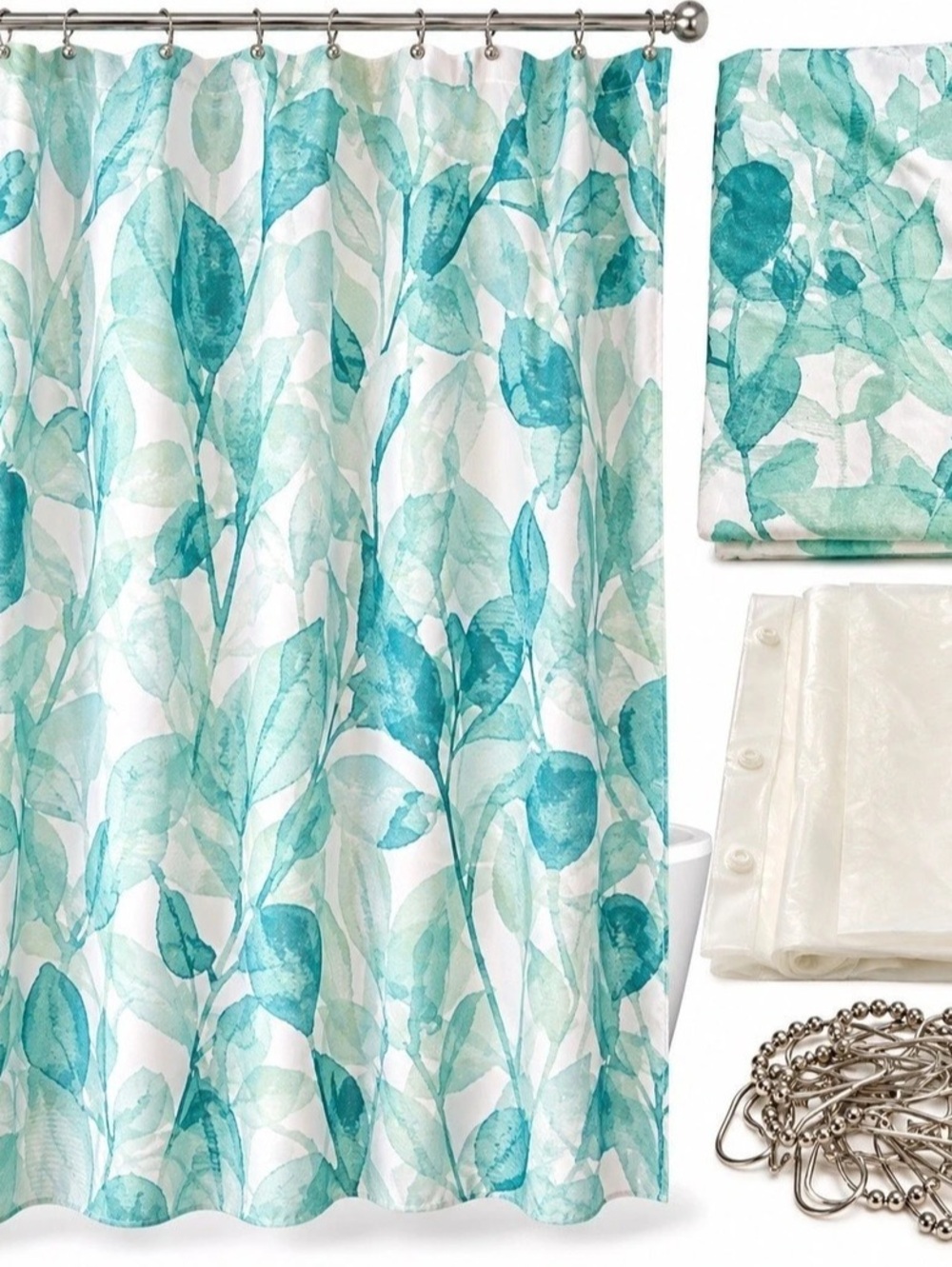 Floral Shower Curtain Set in White & Blue